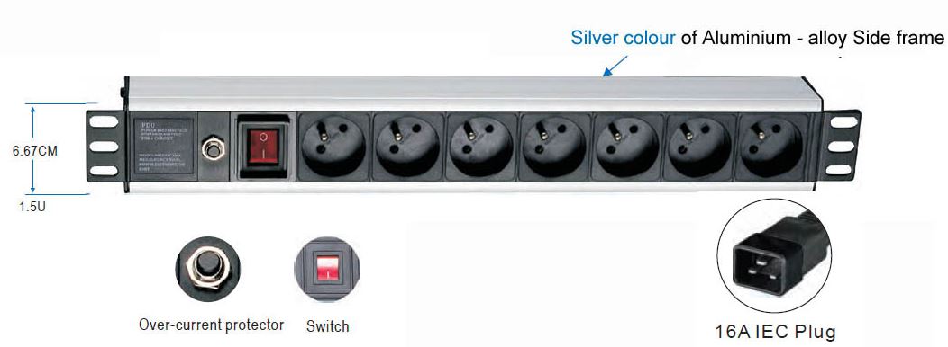 19" rozvodný panel 1U,7x 220V,koncovka kab.IEC,16A 5027121362