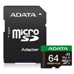 ADATA MicroSDXC karta 64GB Speed Plus, U3, C10, A2, V30 (R:160/W:140 MB/s) + SD adaptér UD64GUI3V30A2SP-RA1