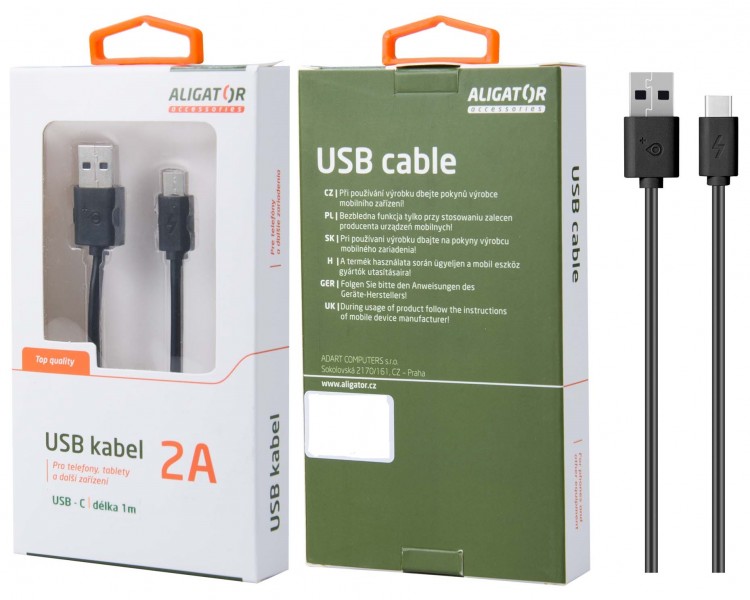 Datový kabel , USB-C, 2A, 1m, prodloužený konektor 9mm, černý DKAC82BK