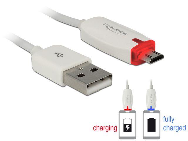 Delock datový a napájecí kabel USB 2.0-A samec > Micro USB-B samec s LED indikátorem, bílý 83604