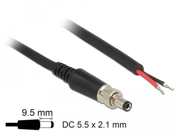 Delock Napájecí kabel DC 5,5 x 2,1 x 9,5 mm šroubovací s odhalenými konci drátů 95 cm 89907