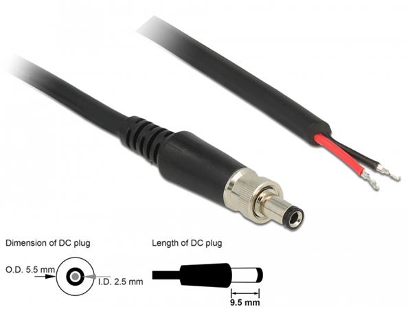 Delock Napájecí kabel DC 5,5 x 2,5 x 9,5 mm šroubovací s odhalenými konci drátů 95 cm 89908