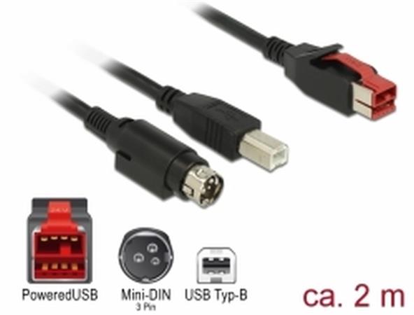 Delock PoweredUSB kabel samec 24 V > USB Typ-B samec + Hosiden Mini-DIN 3 pin samec 2 m pro POS tiskárny a terminá 85488