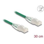 Delock Síťový kabel RJ45 Cat.6A, ze zástrčky na zástrčku, se zahnutou západkou, U/FTP, tenký, 0,3 m, zelený 80363