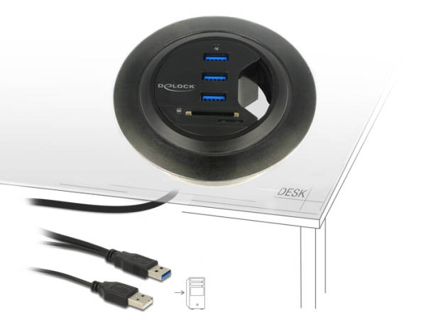 Delock Stolní Hub USB 3.0 3-portový + čtečka SD karet s 2 sloty 62869