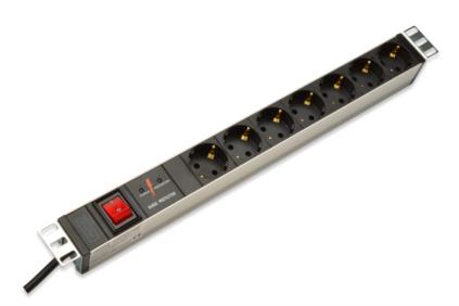 DIGITUS 19" PDU, 1U hliník, SCHUKO -> 7x CEE 7/4 , Přepěťová ochrana, 16A, vypínač DN-95407