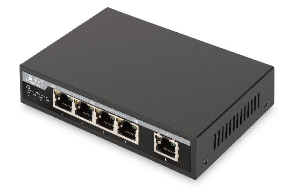 Digitus Fast Ethernet PoE af/at 4-Port Switch+ 1x Uplink 10/100Mbps, 62 watts PoE Power Budget, kovový plášť DN-95320