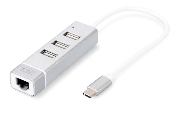 DIGITUS USB 2.0 3-Port Hub & Rychlý Ethernet LAN Adaptér s konektorem typu C DA-70253