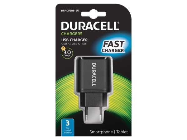 Duracell 3.0A sdílená síťová USB nabíječka typu C a A, černá DRACUSB6-EU