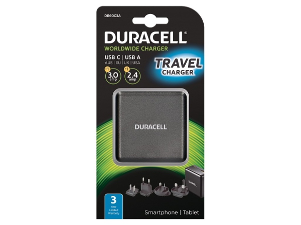 Duracell 3A Type-C & 2.4A USB Travel charger, Black DR6003A