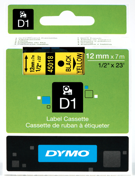 Dymo originál páska do tlačiarne štítkov, Dymo, 45018, S0720580, čierny tlač/žltý podklad, 7m, 12mm