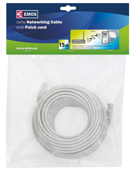 Emos Patch kabel UTP, CAT 5e, AWG26, PVC, šedý, 15m 2309010070