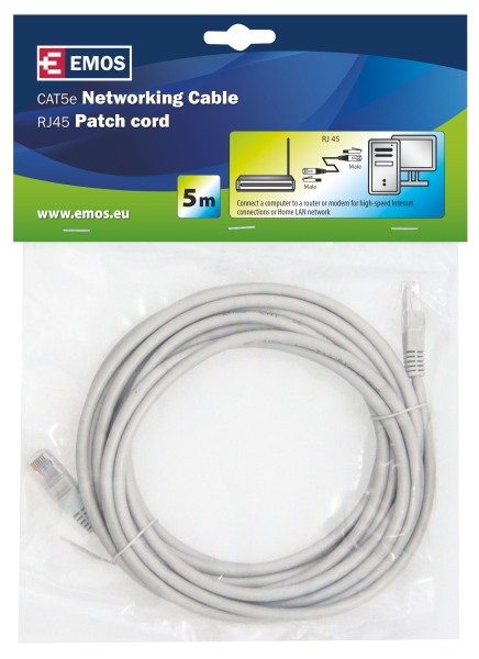 Emos Patch kabel UTP, CAT 5e, AWG26, PVC, šedý, 5m 2309010050