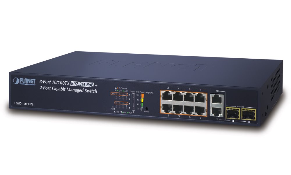 FGSD-1008HPS PoE switch, 8x100, 2x1000-TP/SFP, Web/SNMP, STP/RSTP, ext 10Mb/s,IEEE 802.3at 125W