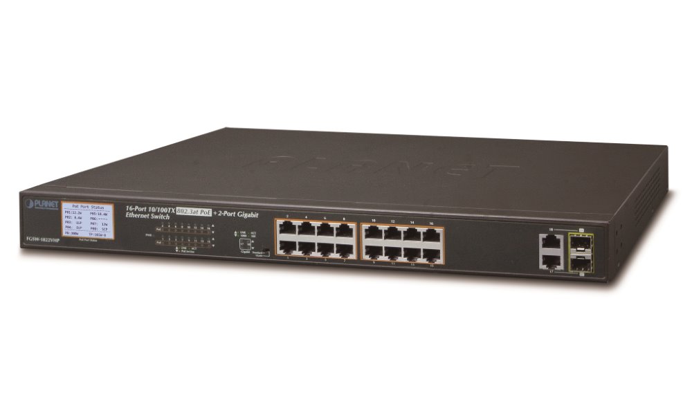 FGSW-1822VHP PoE switch, 16x100,2x1000-TP/SFP, LCD, VLAN, IEEE 802.3at<300W