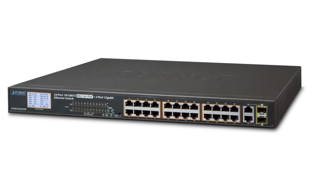 FGSW-2622VHP PoE switch, 24x100,2x1000-TP/SFP, LCD, VLAN, IEEE 802.3at<300W