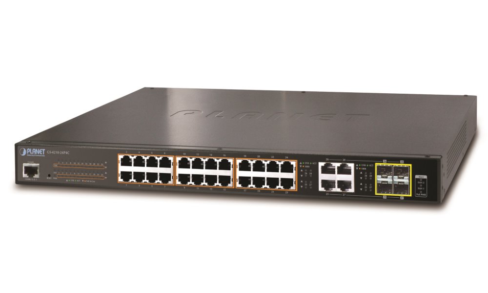 GS-4210-24P4C PoE switch L2/L4, 28(24 PoE)x 1000Base-T, 4x SFP, Web/SNMPv3, ext 10Mb/s, 802.3at-220W