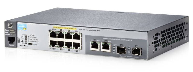 HP Switch 2530-8G-PoE+ Switch 8x 10/100/1000 + 2x Combo, L2 SNMP management, montáž do racku J9774A