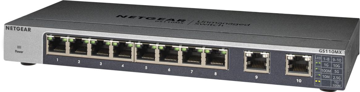 NETGEAR GS110MX - Přepínač - neřízený - 8 x 1000Base-T + 2 x 100/1000/2.5G/5G/10G (uplink) - deskto GS110MX-100PES