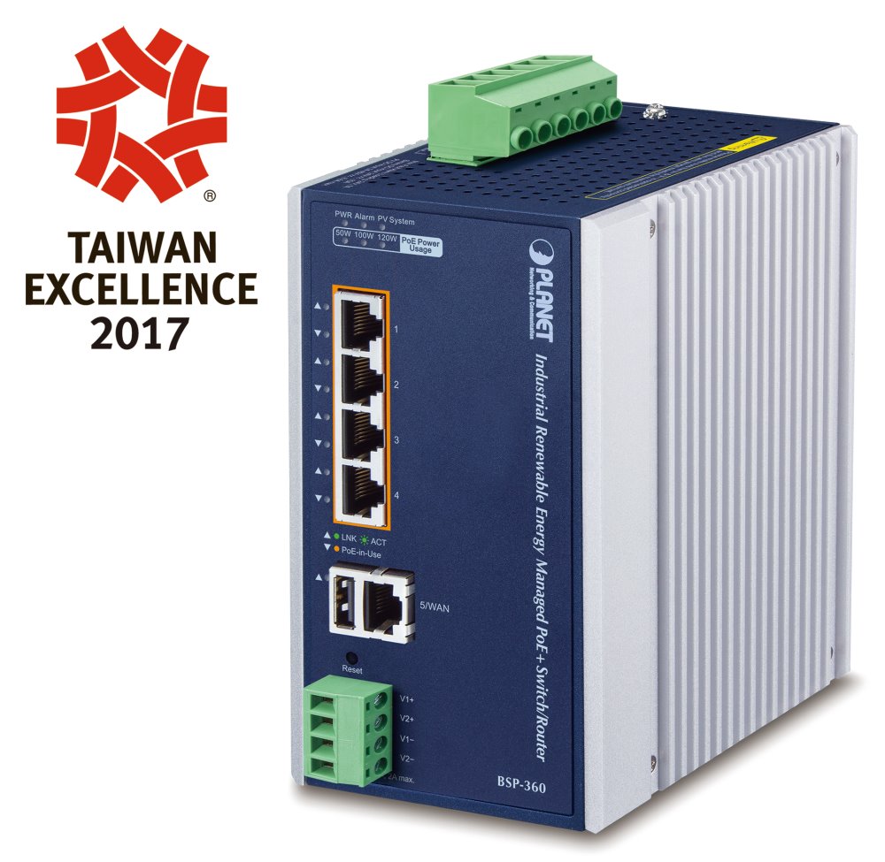 Planet BSP-360 solární PoE router/switch, 5x LAN s PoE 802.3at, 1x WAN, PV vstup 24-45V/15A, 24V/1A výstup