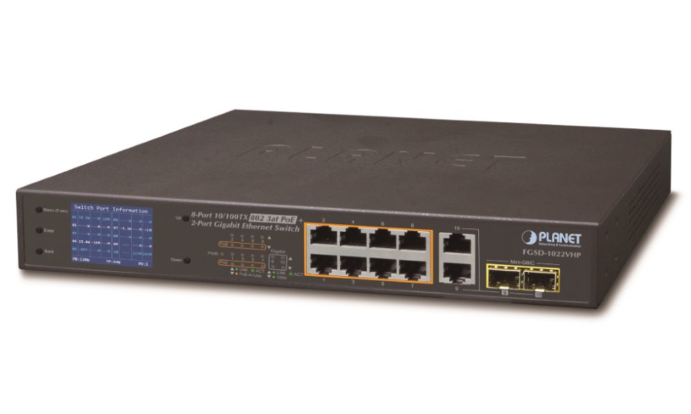 PLANET FGSD-1022VHP 8-Port 10/100TX 802.3at PoE + 2-Port Gigabit TP/SFP combo Desktop Switch with LCD PoE Monitor (120W