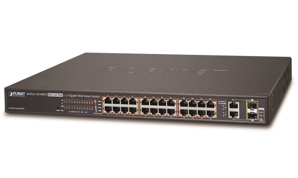 Planet FGSW-2624HPS4 PoE switch 24x 100-TX, 2x 1000-T/SFP, Web/SNMP, STP/RSTP, IGMPv2, 420W