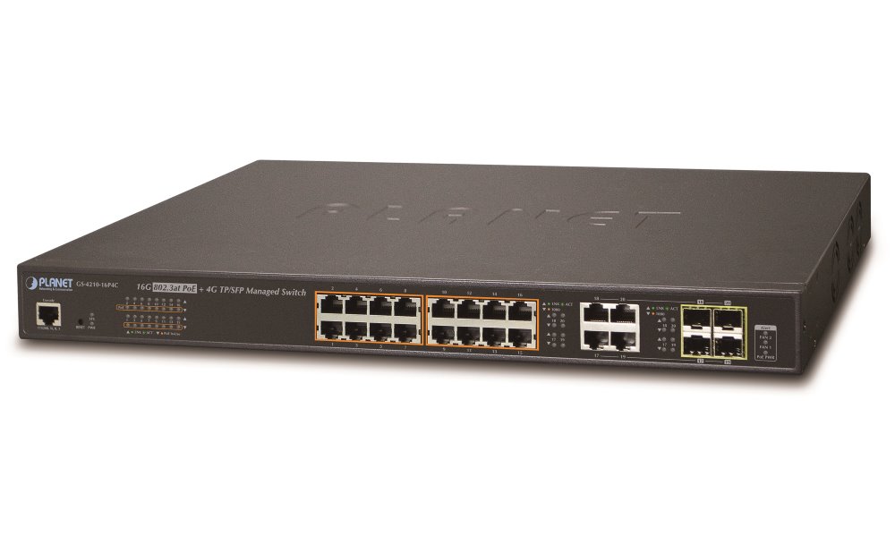 Planet GS-4210-16P4C PoE switch L2/L4, 20(16 PoE)x 1000Base-T, 4x SFP, Web/SNMPv3, ext 10Mb/s, 802.3at-220W