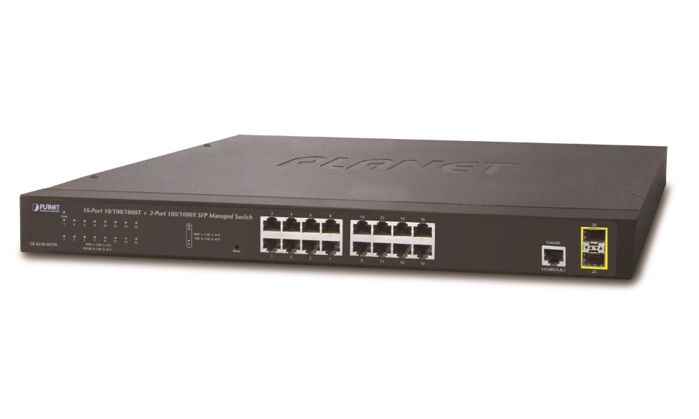 PLANET GS-4210-16T2S switch L2/L4, 16x 1000Base-T, 2x SFP, Web/SNMPv3, VLAN, QoS, IPv6, fanless