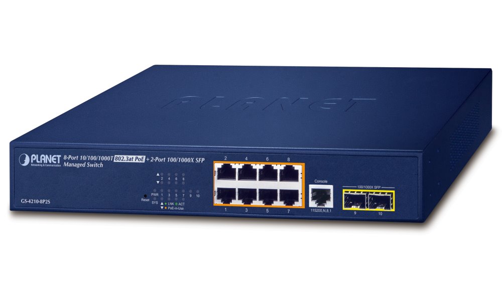 PLANET GS-4210-8P2S Switch 8 x 10/100/1000 PoE+ + 2x 100/1000 SFP, 120W, WebSmart/SNMP, kov