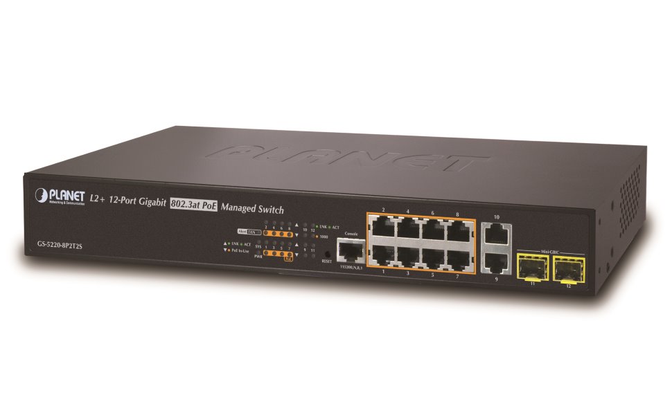 Planet GS-5220-8P2T2S, L2/L3 PoE switch 8+2x TP,2x SFP(DDM) 1000Base-X,Web/SNMPv3, IGMPv3,IEEE 802.3at-240W