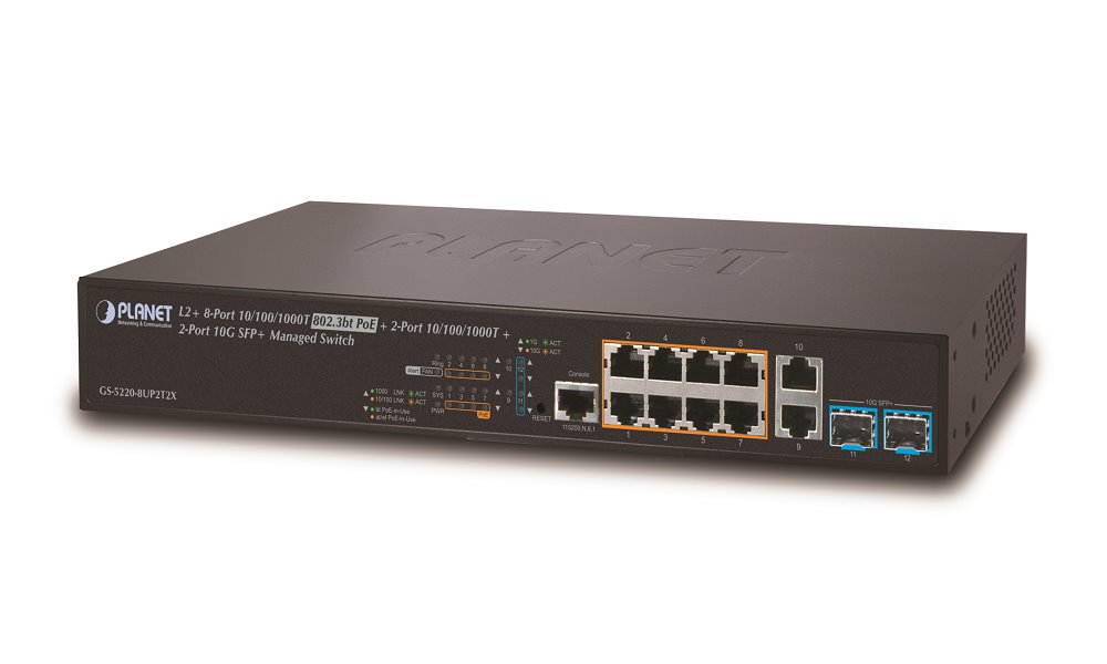 Planet GS-5220-8UP2T2X, Smart Ultra PoE switch 8x TP, 2x SFP, 2x SFP+ 10Gbase-X, Web+ONVIF, 802.3bt-240W