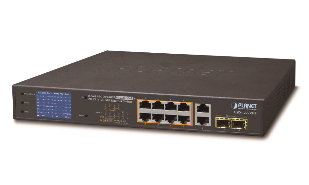 Planet GSD-1222VHP PoE switch, 8x PoE + 2x 1000Base-T + 2x SFP, LCD,VLAN, extend mód 10Mb do 250m, IEEE 802.3at 120W