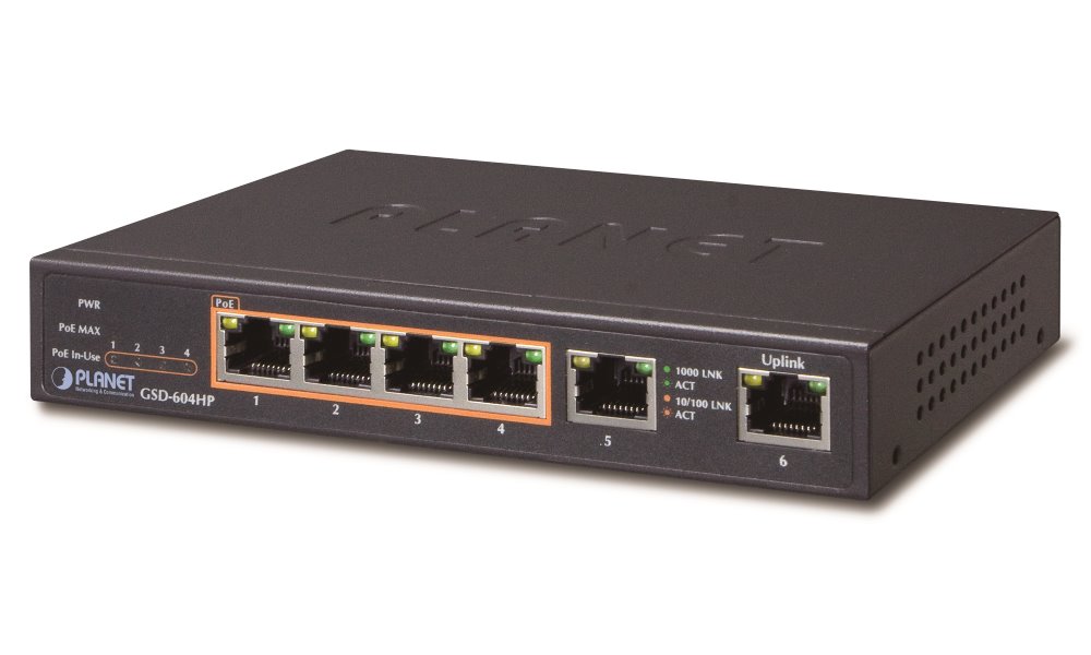 Planet GSD-604HP PoE switch 2x1000Base-T+ 4x PoE IEEE 802.3at, 55W, ext.zdroj, kov, fanless