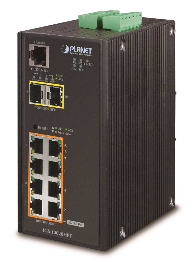 PLANET IGS-10020HPT Průmyslový Switch 8x 10/100/1000 PoE+ (270W) + 2x 100/1000 SFP, Management, -40 +75°C IGS-10020HPTv3