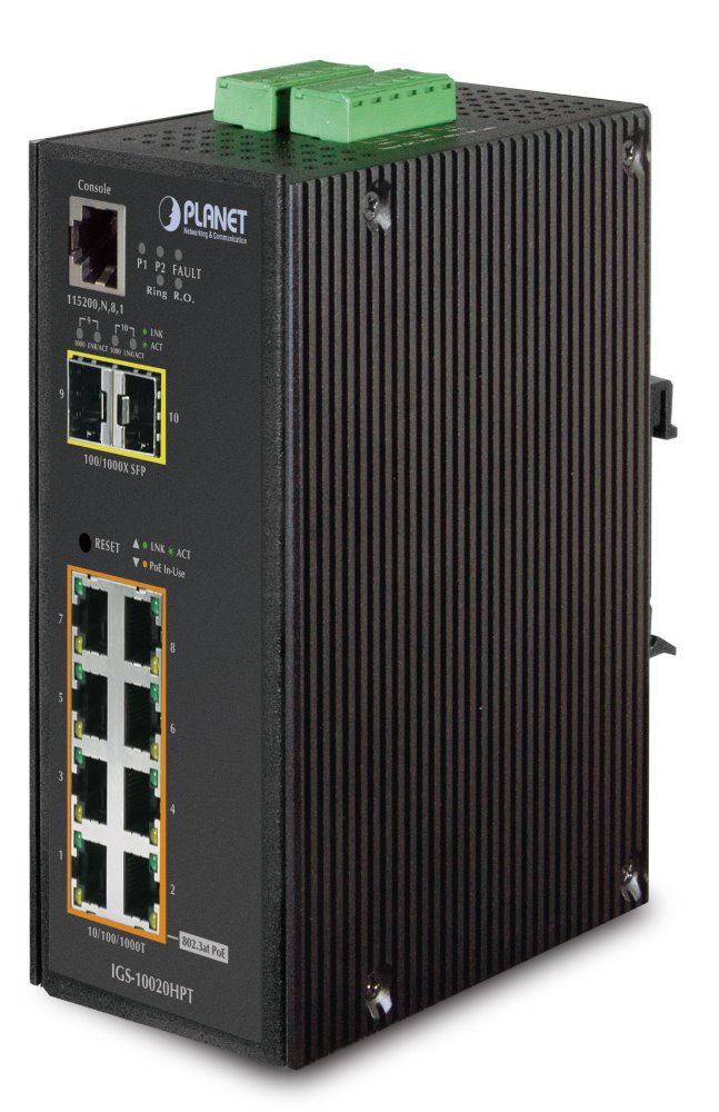 PLANET IGS-10020HPT Průmyslový Switch 8x 10/100/1000 PoE+ (270W) + 2x 100/1000 SFP, Management, -40 +75°C