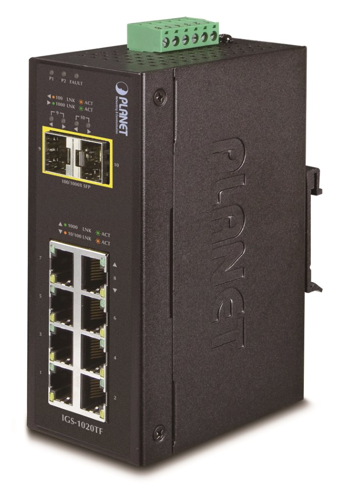 PLANET IGS-1020TF Průmyslový Switch 8x 10/100/1000T, 2x 100/1000X SFP, -40~+75°C