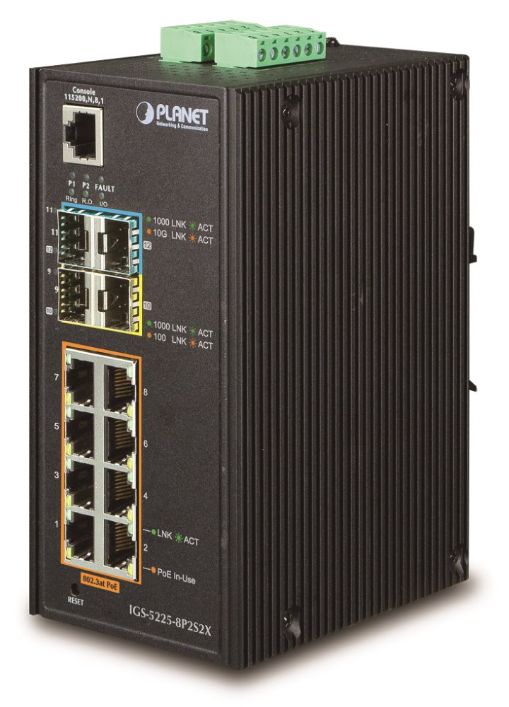 Planet IGS-5225-8P2S2X, PoE 8x 1000Base-T, 2x SFP+ 10Gb, 2x SFP,-40 až 75°C,2x DC, I/O, IP30, 802.3at 240W