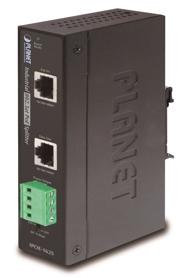 Planet IPOE-162S, PoE splitter, IEEE802.3at, výstup 12V/24V DC, DIN, IP30, -40~75 st.C