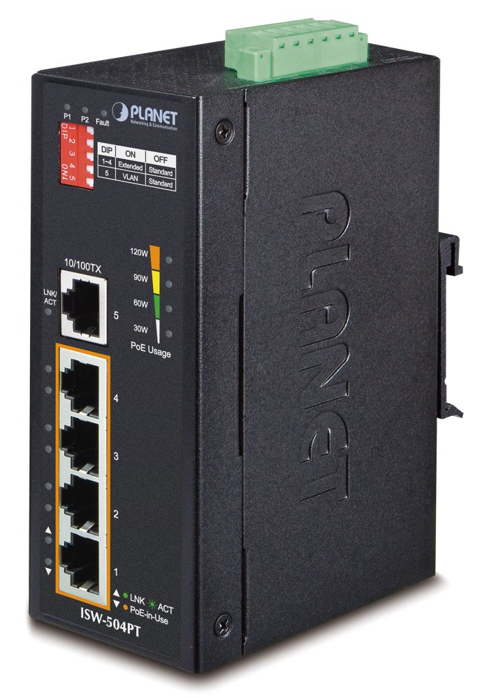 PLANET ISW-504PT Průmyslový Switch 4x 10/100M PoE + 1x 10/100, -40~+75°C, 48VDC, DIN