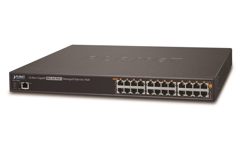 Planet POE-1200G(v2) PoE injektor IEEE802.3at, 12x 1000Base-T Gigabit, PoE 220W, PING watchdog+scheduler