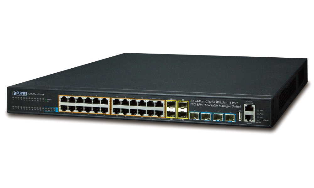 Planet SGS-6341-24P4X L2/L3 PoE switch 24x 1000Base-T,4x 10Gb SFP+, Web/SNMP,L3, ACL,IP stack, 802.3at 370W