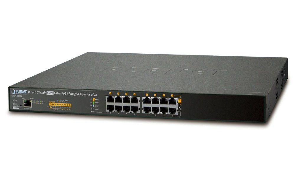 Planet UPOE-800G Ultra PoE+ injektor, 8 portů, Gigabit, IEEE 802.3at <400W (60W/port), scheduler+watchdog