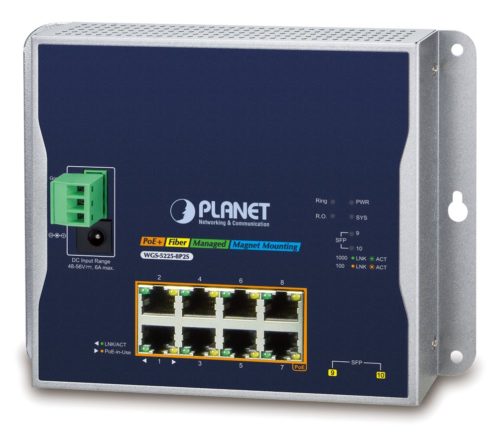 Planet WGS-5225-8P2S nástěnný PoE switch 8x1000B-T,2x SFP, Web/SNMP, L3, 802.3at 240W,-40~75°C, fanless