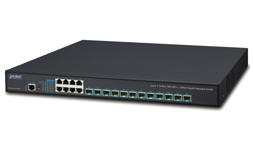 Planet XGS-6350-12X8TR switch, 12x 10G SFP+, 8x 1Gb TP, Web/SNMPv3, L3 RIP/OSPF, QoS, 2x AC