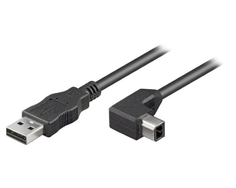 PremiumCord Kabel USB 2.0, A-B, 2m se zahnutým USB-B konektorem 90°