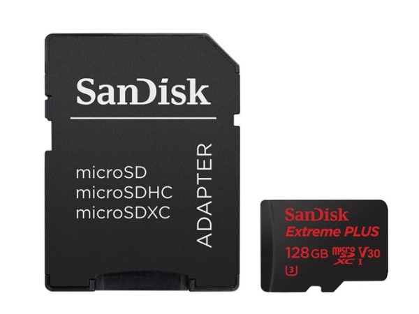 SanDisk Extreme Plus micro SDXC 128 GB 100 MB/s A1 Class 10 UHS-I V30, adapter SDSQXBG-128G-GN6MA