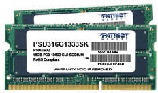 SO-DIMM 16GB DDR3-1333MHz PATRIOT CL9, kit 2x8GB PSD316G1333SK