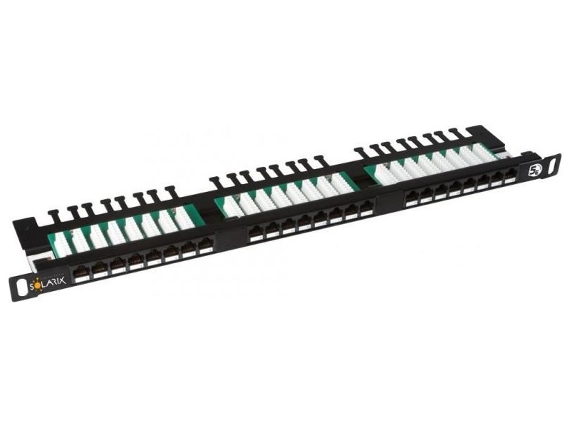 Solarix 19" Patch panel 24xRJ45 CAT5E UTP s vyvaz.lištou černý 0,5U, SX24HD-5E-UTP-BK 24000144