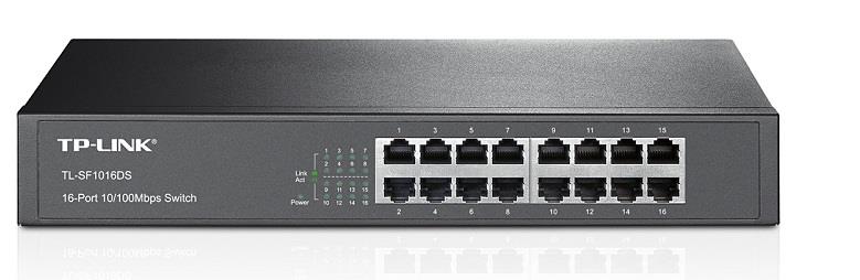 TP-LINK TL-SF1016DS 16-Port 10/100M Switch, 16 10/100M RJ45 Ports, 1U 13-inch Rack-mountable Steel Case