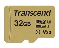 Transcend 32GB microSDHC 500S UHS-I U3 V30 (Class 10) MLC paměťová karta (s adaptérem), 95MB/s R, 60MB/s W TS32GUSD500S